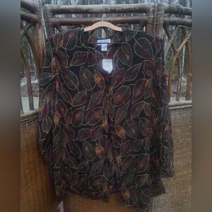 Christie And Jill Leaf Patterned Black and Brown Women's Top Size 1X🍂🌿🍁🍃🌾